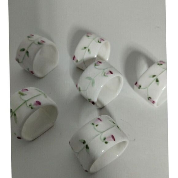 Vintage Floral Ceramic Napkin Rings Set of 6 - White with Pink Rose Pattern - Picture 5 of 9